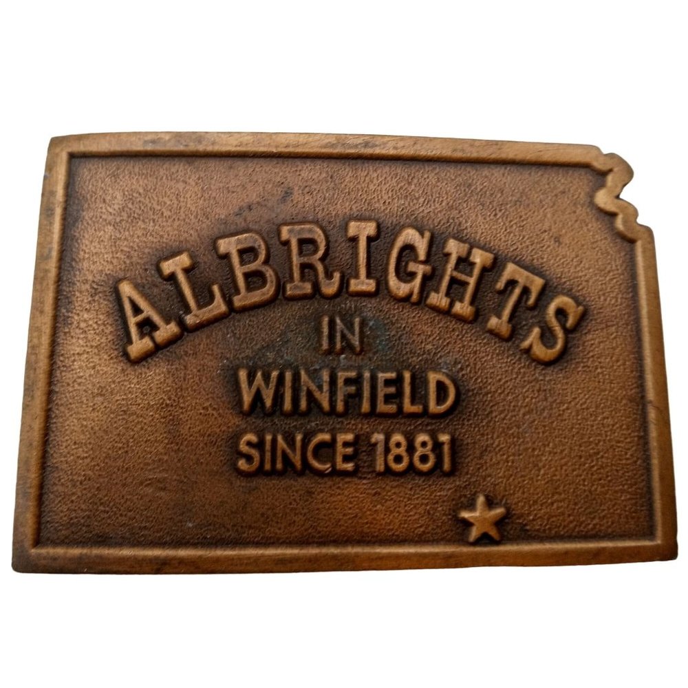 Albrights Winfield Kansas Belt Buckle KS Real Estate Business Realtor Ad Promo